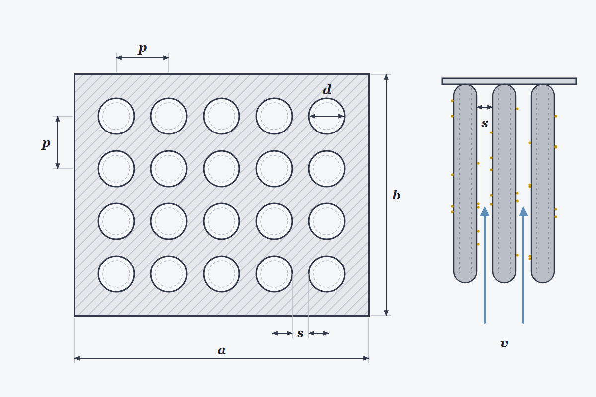 Plan of a baghouse tube sheet with the grid of bag holes, the pitch and the clearance between bags, and a section showing the air rising between them