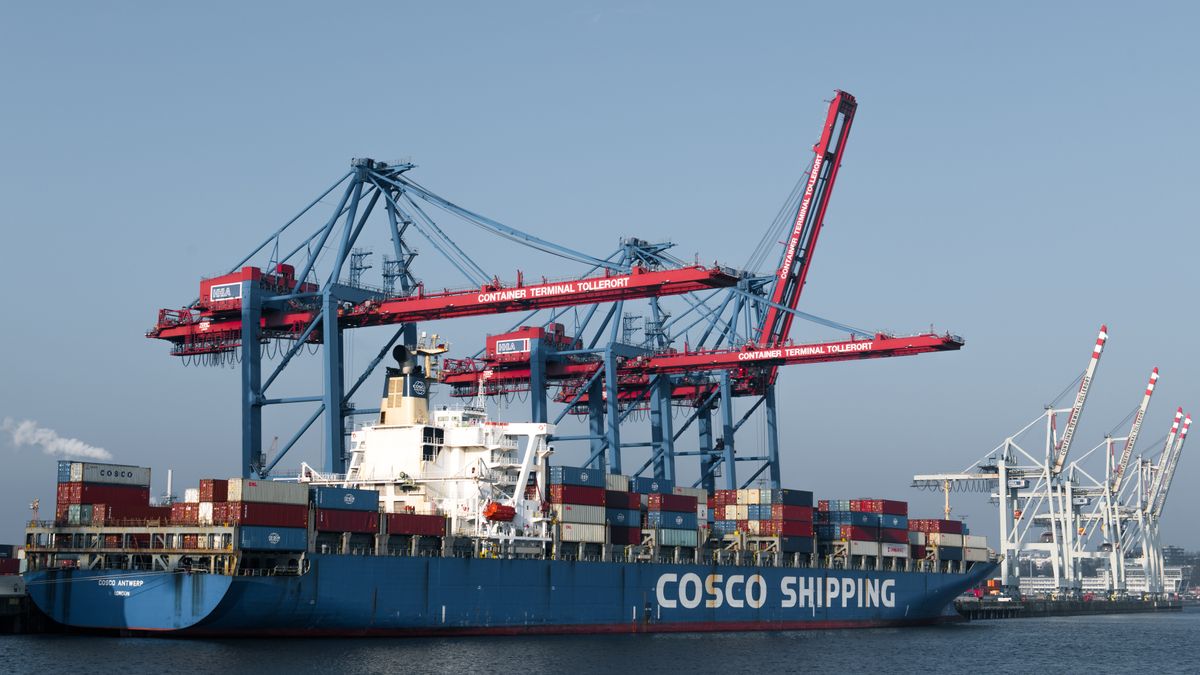 Shipping containers at a port with cranes