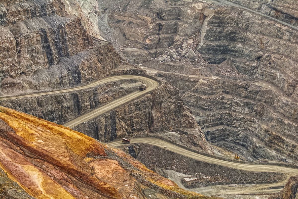 Winding haul roads in a large open-pit mine