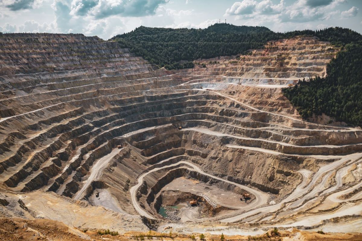 Open pit with stepped benches, aerial view