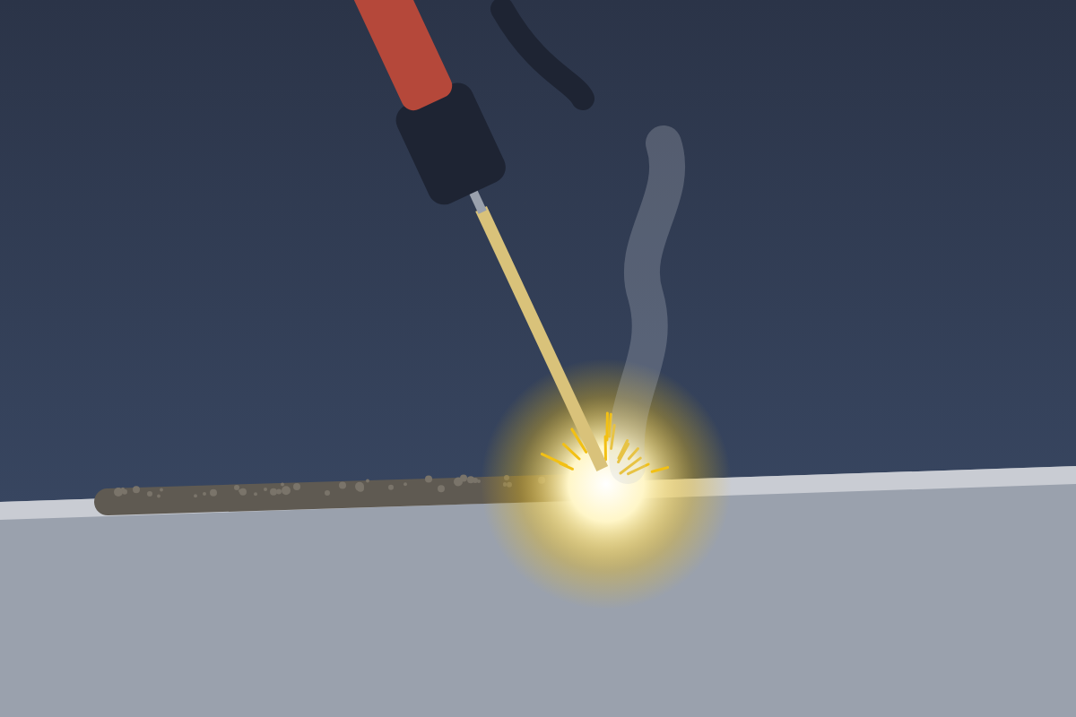 Dibujo de una pinza portaelectrodo soldando con electrodo revestido, con la escoria cubriendo el cordón