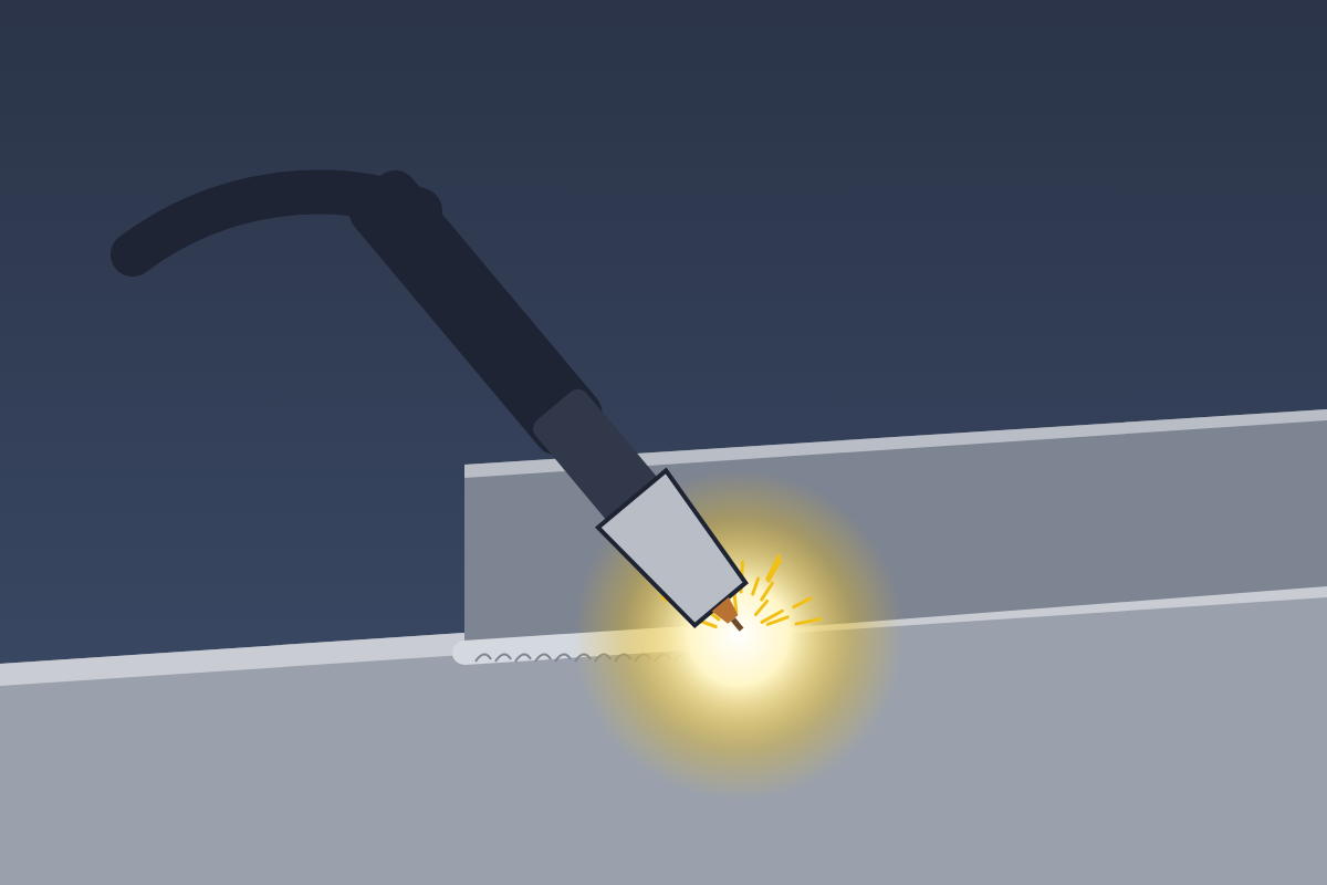 Drawing of a MIG torch welding a plate joint, showing the wire, the shielding gas and the bead