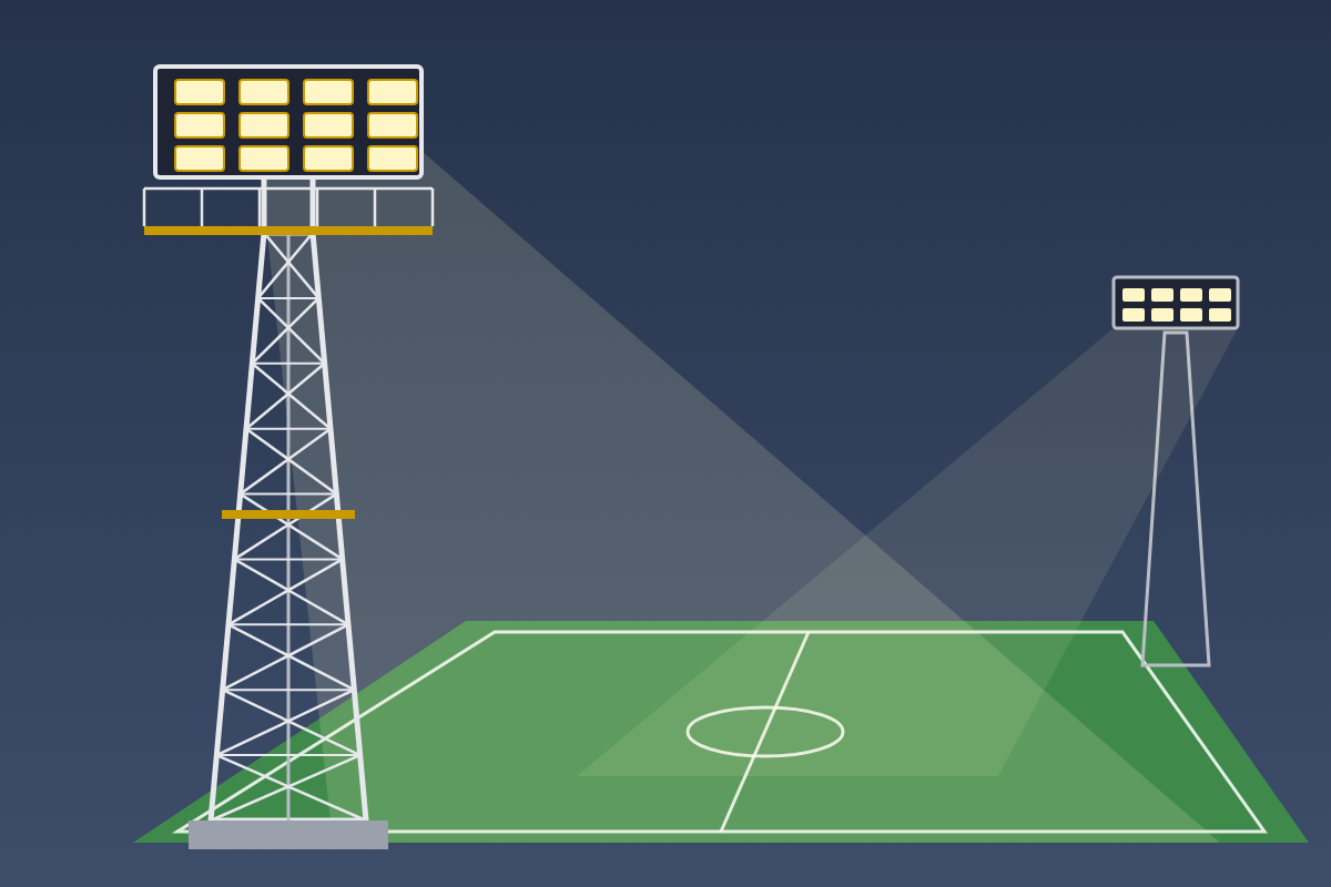 Drawing of a lattice tower with a floodlight head and a guarded platform, lighting a soccer field at night